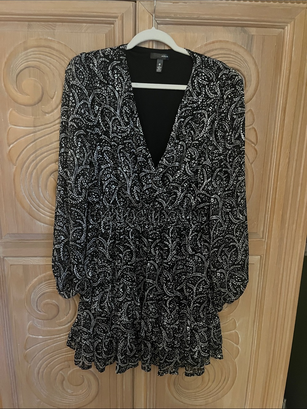 Aqua Black & White Paisley Long Sleeve Tiered Mini Dress